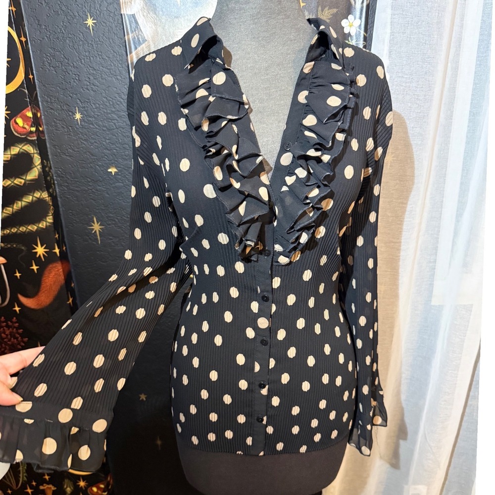 Gerry Weber Black Tan Polka Dot Plisse Ruffle V-Neck Button Down Blouse Top